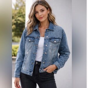 Wild Fable Distressed Denim Jacket, Women's Blue, Oversized